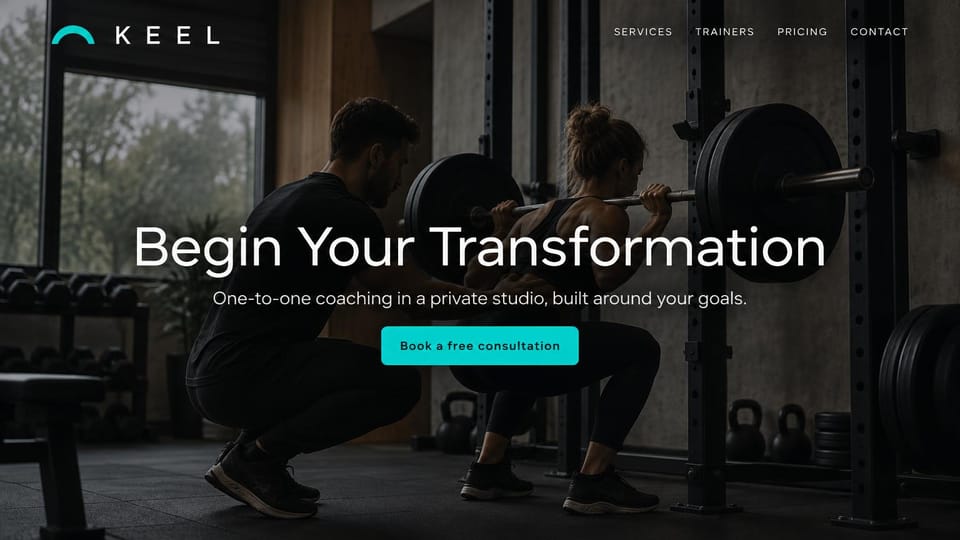 Personal trainer website design, one-to-one training in a private studio: dark gym photo of a trainer coaching a woman through a barbell squat, a centered white headline, a turquoise button