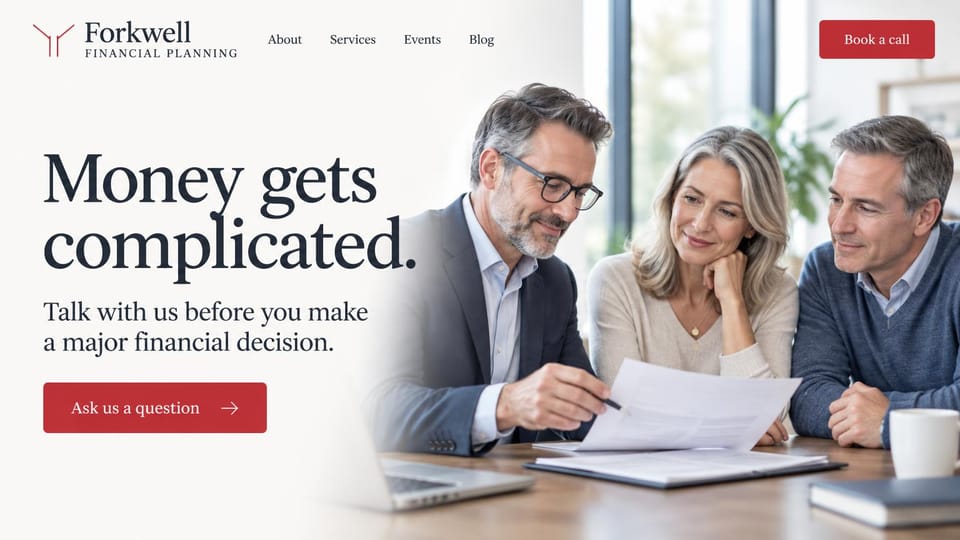 Financial advisor website design, financial planning for big decisions, plain and direct: white page, very large charcoal serif headline, red question button and an advisor in glasses going over papers with a couple at a table