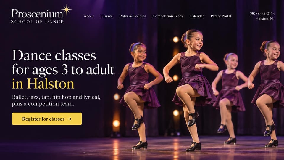 Dance studio website design, competition studio with kids on stage: deep purple page, a white and gold serif headline, a photo of girls in purple costumes tap dancing on a lit stage, a gold register button