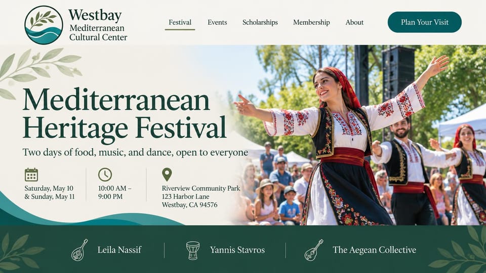 Event website design, mediterranean heritage festival with a performer strip: cream page with an olive branch logo, dark green serif headline, icon details row, a folk dancer in an embroidered costume, dark green performer strip