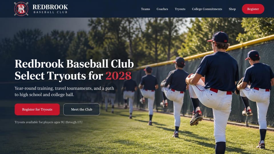 Landing page website design, youth baseball with tryouts up front: navy header with a crest, a photo of young players warming up along an outfield fence, a white serif headline with a red year and a red button