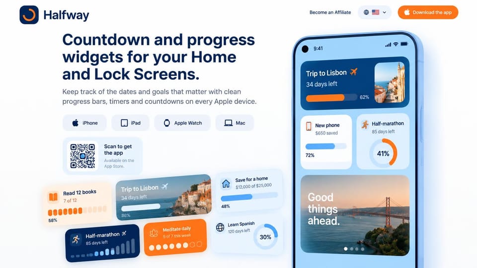 Mobile app website design, widget app with a grid of examples: white page, navy headline, a phone and a grid of colorful countdown widgets