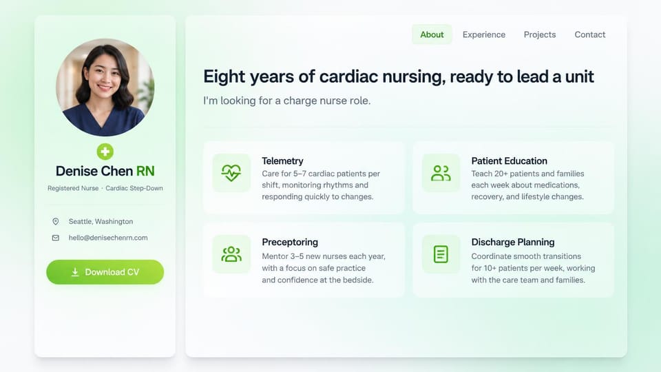 Resume website design, registered nurse with a profile card and four skill cards: mint green page, a white profile card with a round portrait of a smiling nurse in navy scrubs and a green download CV button, a dark headline and four skill cards with green icons