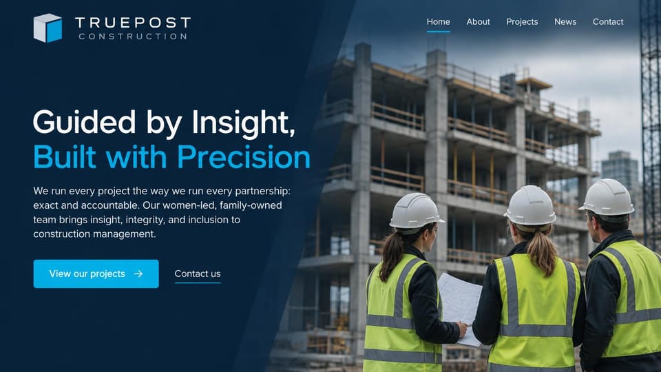 Construction website design, women-led construction management in navy: deep navy page, three people in white hard hats and vests reviewing plans beside a concrete frame, a white and sky blue headline and a bright blue button