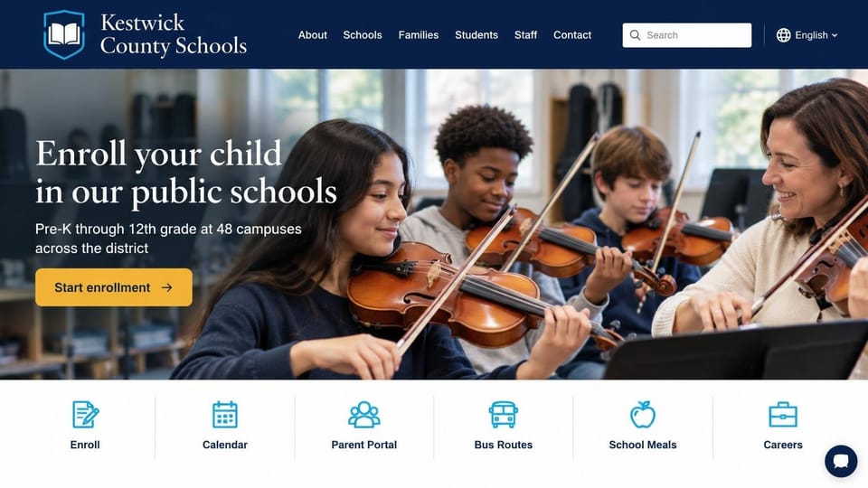 School website design, county school system with a violin class and an icon row: navy header, students playing violins with their teacher, a white serif headline, a gold button and a white row of blue line icons