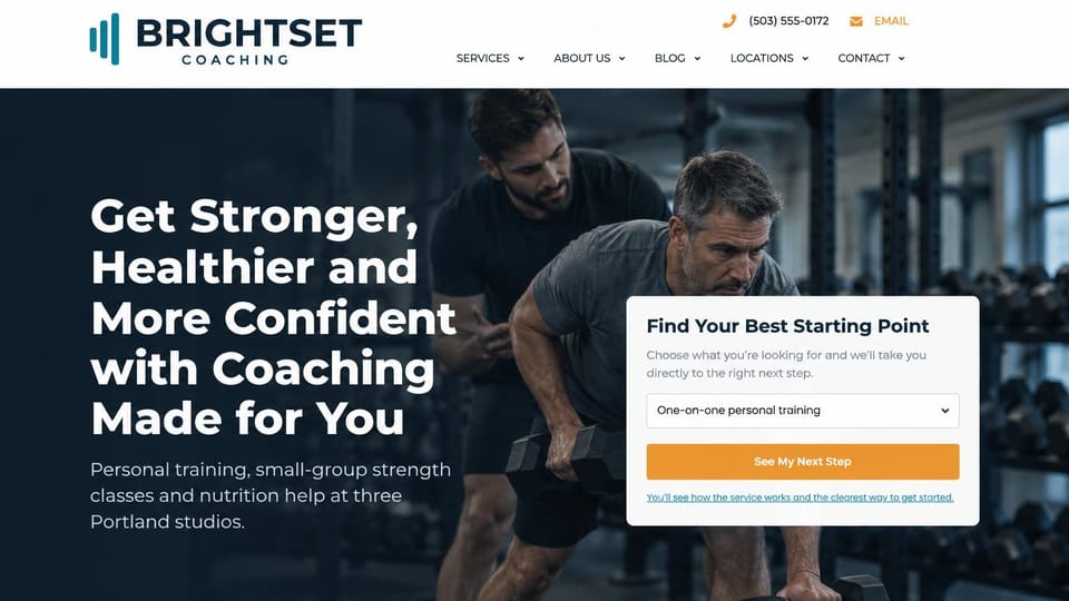 Personal trainer website design, personal training with a pick-your-path menu: white header with phone and email, a navy-tinted gym photo of a trainer guiding a gray-haired man's dumbbell row, a bold white headline, a white card with a dropdown and an orange button