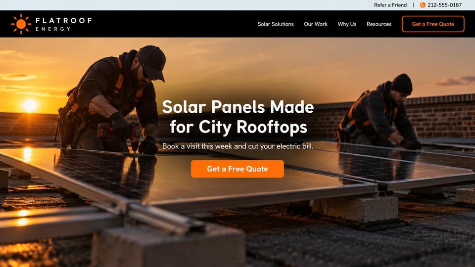 Solar website design, city rooftop solar on dark orange: black header with an orange outlined button, workers installing panels on a flat roof at sunset, a centered white headline and an orange quote button