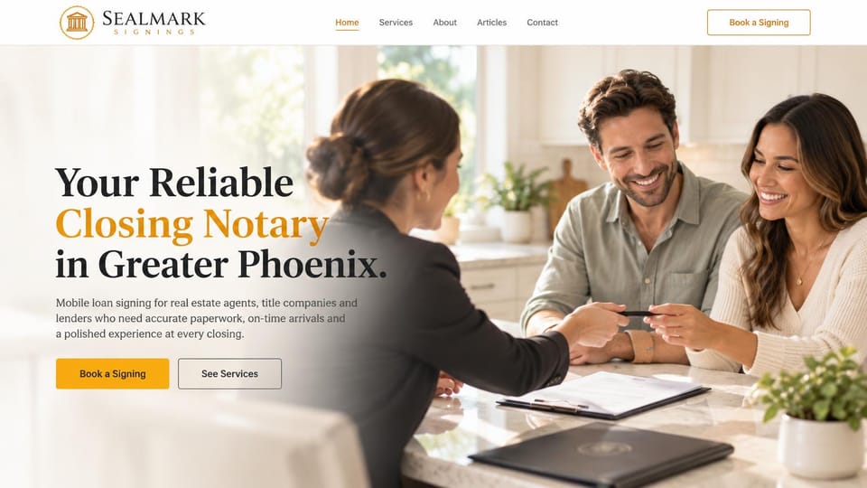 Notary website design, closing notary for agents and lenders: white page, a black and gold serif headline, a notary passing a pen to a smiling couple at a kitchen counter, a gold button