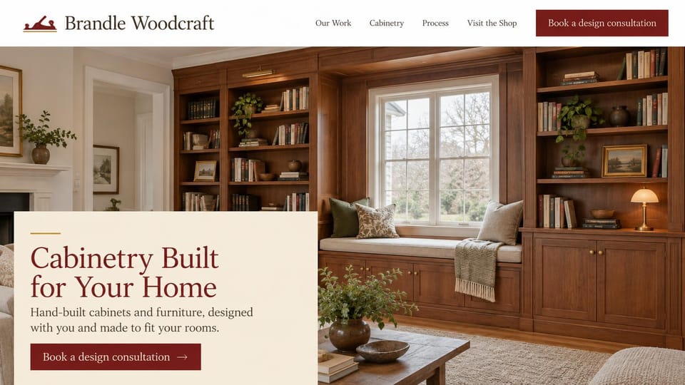 Carpentry website design, built-in cabinetry in a library wall: white header, a photo of cherry built-in bookcases around a window seat, a cream panel with a dark red serif headline and a dark red consultation button