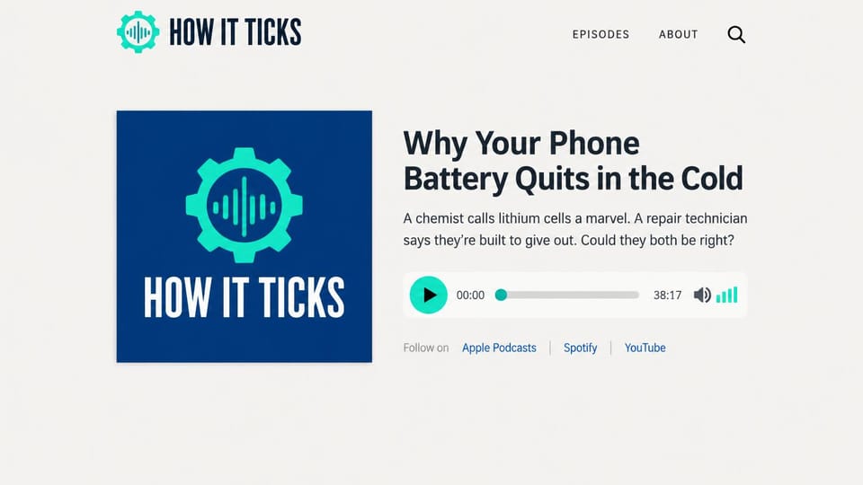 Podcast website design, explainer show with the player in the hero: light gray page, navy and teal cover art, an episode title and a teal audio player