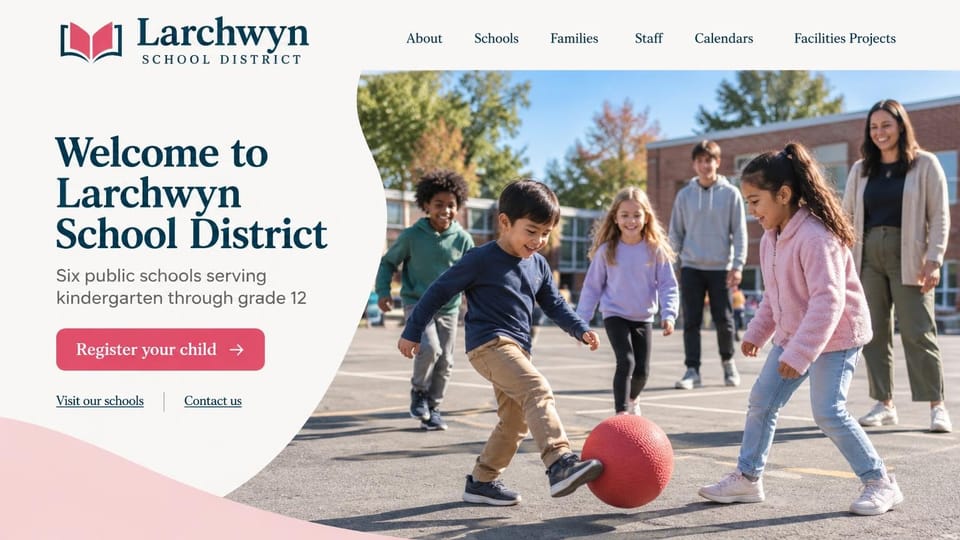 School website design, school district with a curved panel and a playground photo: cream curved panel with a navy serif headline and pink button beside a photo of children playing kickball on a playground