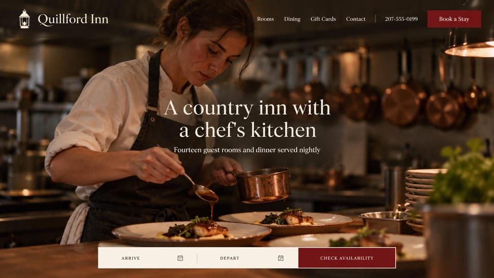 Hotel website design, country inn with a chef's kitchen: a chef plating in a copper-lit kitchen behind a white serif headline and a red availability bar
