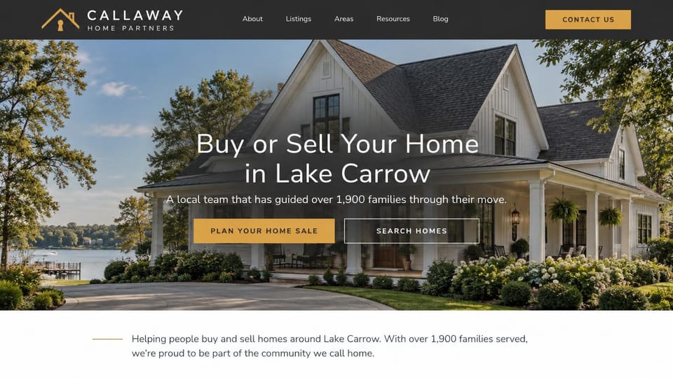 Real estate website design, lake town team with a white farmhouse: a white farmhouse by a lake under a serif headline, gold and outlined buttons and a charcoal header