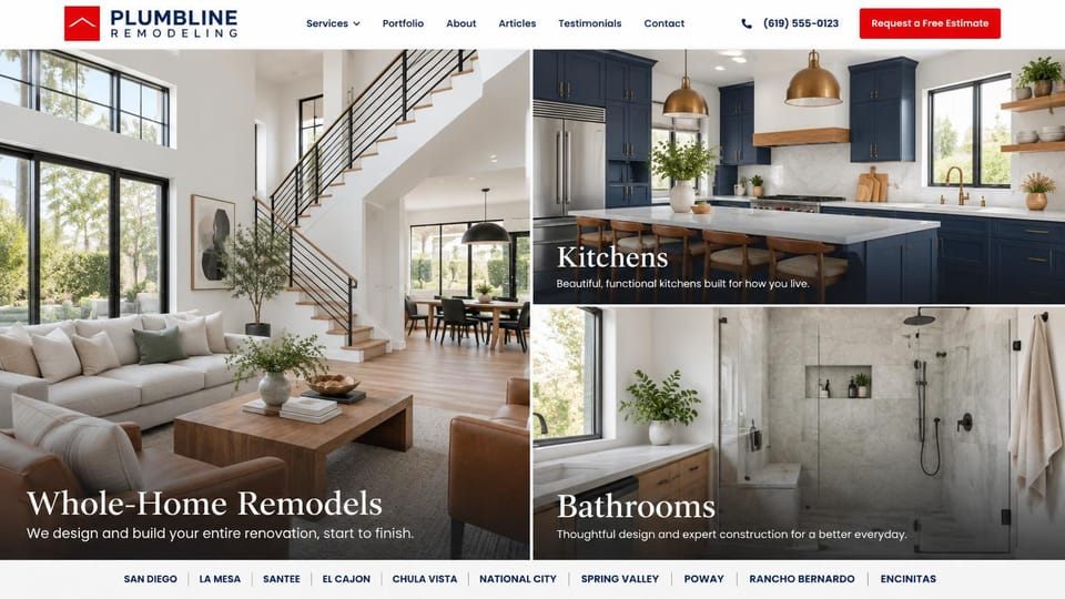 Contractor website design, remodeling with a kitchen and bath collage: white header, a photo collage of a living room, a navy kitchen and a bathroom over a strip of town names