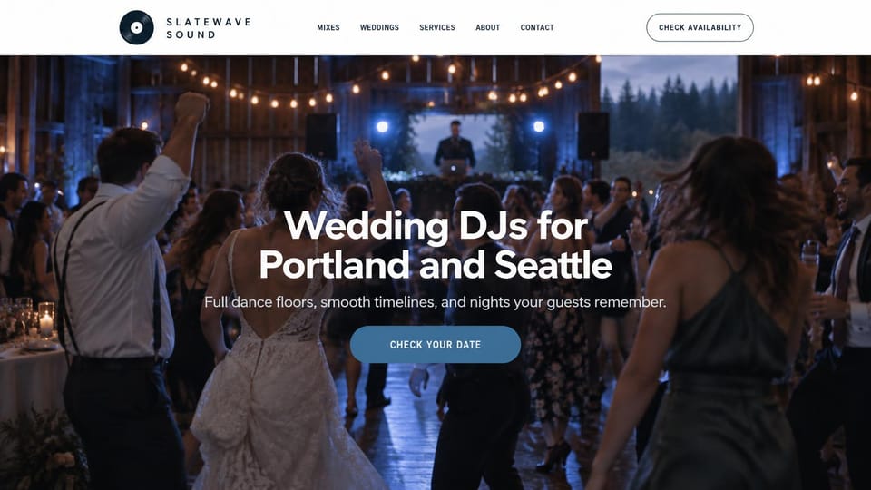DJ website design, wedding DJs with a barn reception photo: white top bar over a barn reception with a dancing bride and a DJ booth, centered white sans headline and blue button
