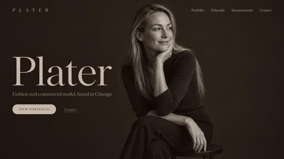 Model portfolio website design, fashion model with a surname-only headline in sepia: sepia page, a huge cream serif surname, a beige pill button and a smiling blonde woman in a dark top seated with her chin on her hand