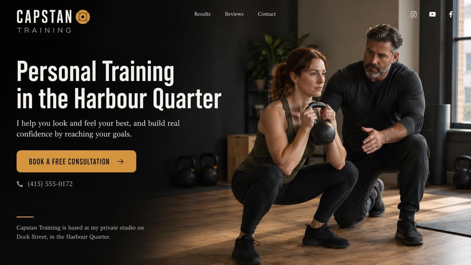 Personal trainer website design, neighborhood private studio with a note on where to find it: black page, a large white condensed headline, a gold consultation button and a phone number, a warm studio photo of a coach guiding a red-haired woman's kettlebell squat, small social icons