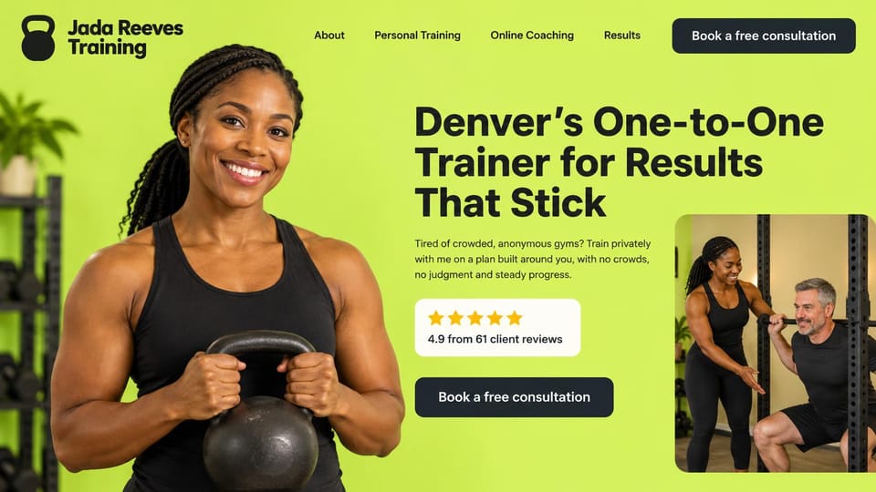 Personal trainer website design, private training for people tired of crowded gyms: lime green page, a bold black headline, a white review card, a dark consultation button, a smiling trainer holding a kettlebell, a rounded inset of her coaching a man's squat