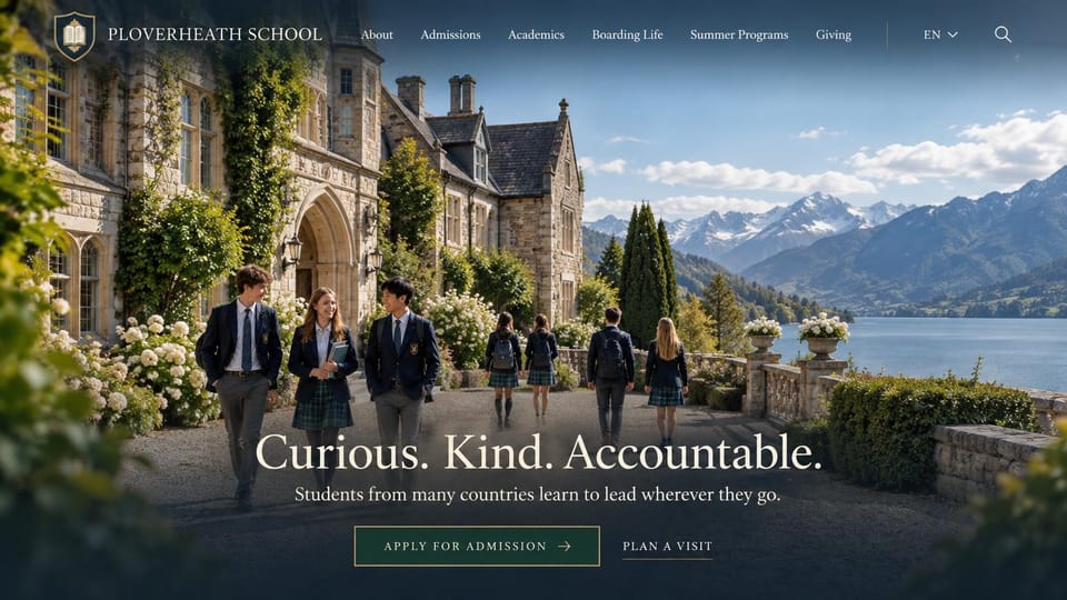 School website design, international boarding school by a mountain lake: an ivy-covered stone school beside a mountain lake, uniformed students on a path, a centered cream serif headline