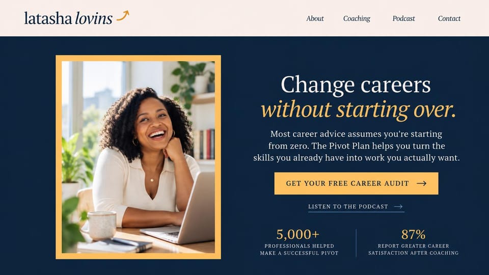 Coaching website design, career change with a free audit offer: navy page, a gold-framed portrait of a smiling coach, a cream serif headline and a gold button