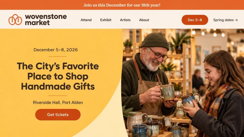 Event website design, holiday craft market with a maker at work: yellow curved panel with a brown headline, a potter showing a mug to a young shopper, orange ticket button