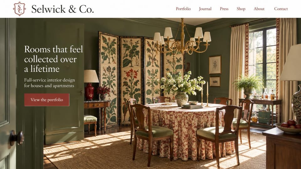 Interior design website design, collected traditional rooms in deep green: white header with a crest monogram and red serif menu, a full-screen green dining room with a painted botanical screen, a brass chandelier and a red patterned tablecloth, a white serif headline and a brick red button