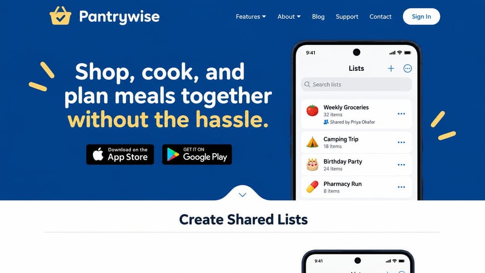 Mobile app website design, shared lists app in blue and yellow: royal blue page, white and yellow headline, store badges and a phone with shared shopping lists