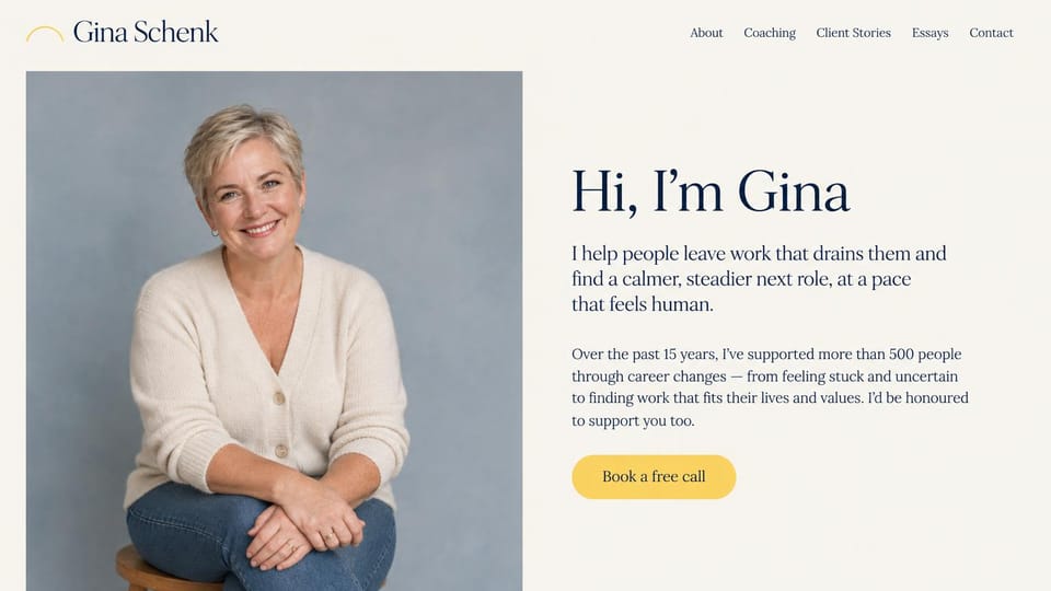 Coaching website design, career change coach who says hello first: a coach in a cream cardigan against a pale blue wall, a serif greeting headline and a yellow button