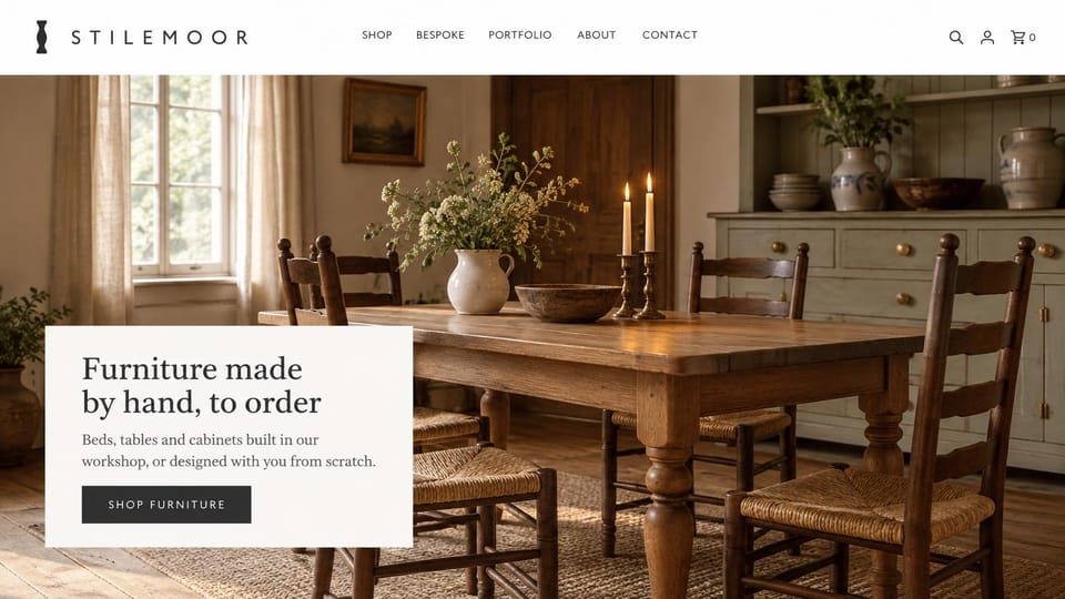 Carpentry website design, farmhouse furniture in a lived-in dining room: a warm farmhouse dining room with a wooden table, rush chairs and candles, a cream panel with a dark serif headline and a black button