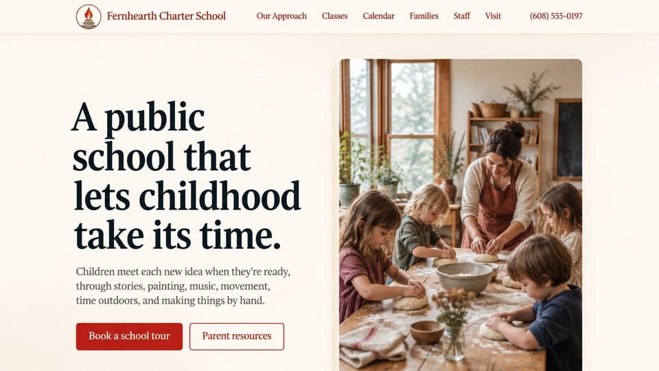School website design, charter school with a bread-making class: cream page, deep red logo, links and buttons, a large dark serif headline beside a photo of a teacher and children kneading dough