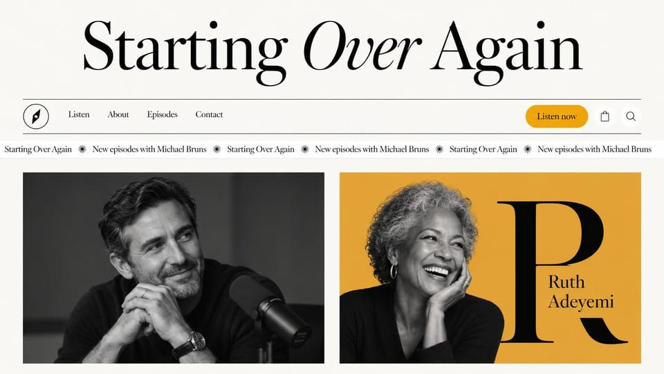 Podcast website design, interview show, editorial and bold: ivory page, a huge black serif title, a black and white host and a guest on a yellow panel