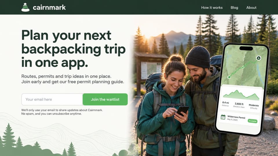 Landing page website design, app waitlist with a free guide for joining: cream page under a dark green header, a bold green headline, an email field with a green button, two hikers beside a large phone showing a trail map