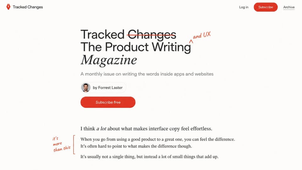 Writer website design, product writing newsletter with edit marks: off-white page, a black headline with a red strike-through and handwritten red notes, red subscribe buttons