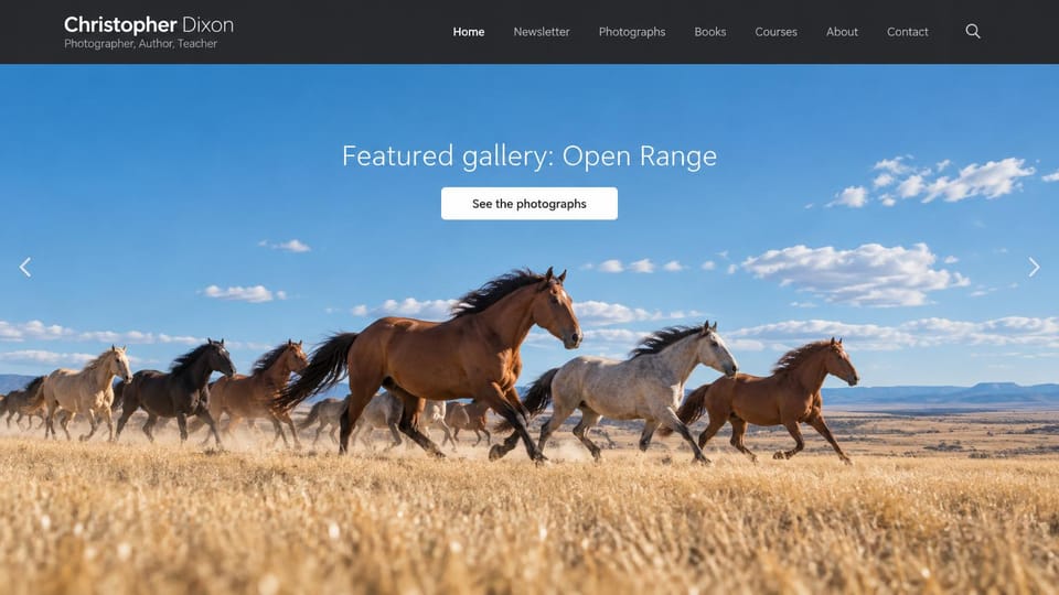 Photography website design, landscape photographer who also teaches: charcoal header with a name and tagline above a full-width photo of horses running through golden grass