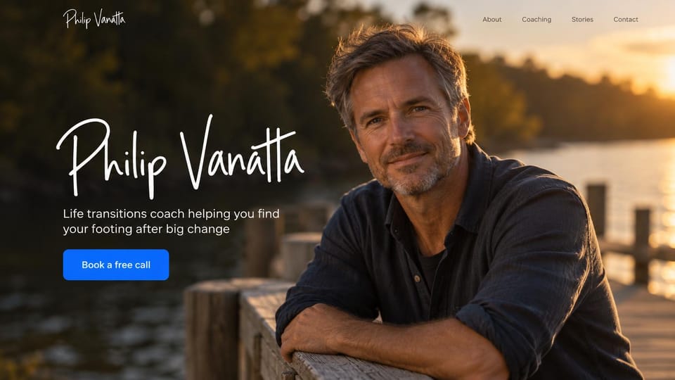 Coaching website design, life coach with a handwritten name: a man leaning on a dock rail at sunset, a large white script name and a bright blue button