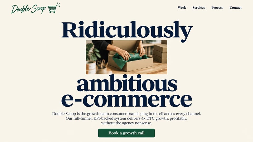 Marketing agency website design, ecommerce growth agency with a photo inside the headline: cream page, a huge navy serif headline split by a photo of hands packing a box, and a green button