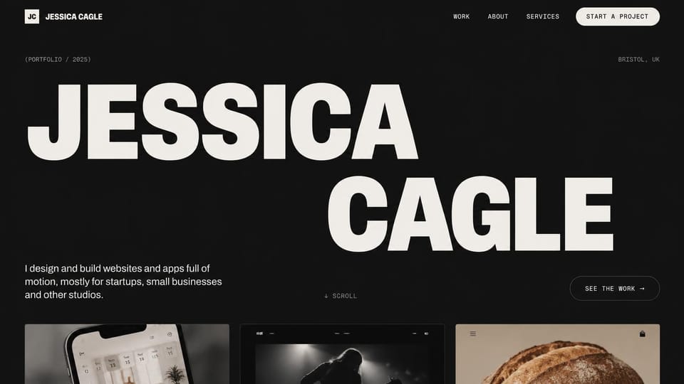 Developer portfolio website design, web designer and developer in giant type: near-black page, a huge cream name stacked on two staggered lines, a short intro, an outlined button and three project thumbnails