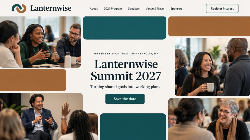 Event website design, collaboration summit inside a photo collage: ivory page, collage of candid photos of people talking at sessions with teal and copper blocks, centered navy serif name, teal save-the-date button