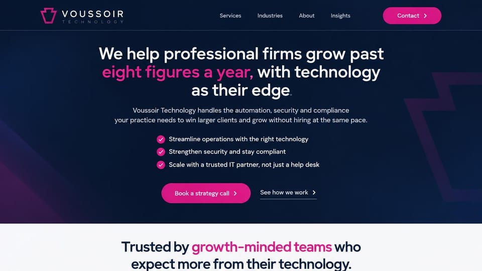 IT company website design, iT for professional firms with a checked list: dark navy page with a magenta glow, centered white headline with a magenta phrase, three checked benefits, a magenta strategy call button