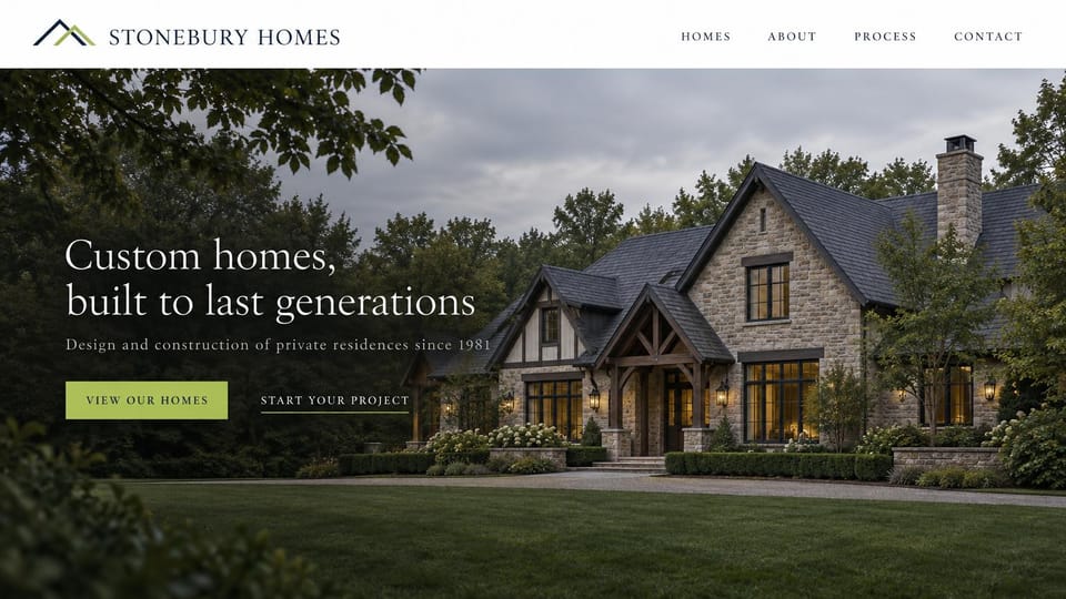 Construction website design, stone manor homes at dusk with a quiet serif: white menu, a stone and slate home under a dusky sky, a light white serif headline over spaced capitals, a sage green button and a text link