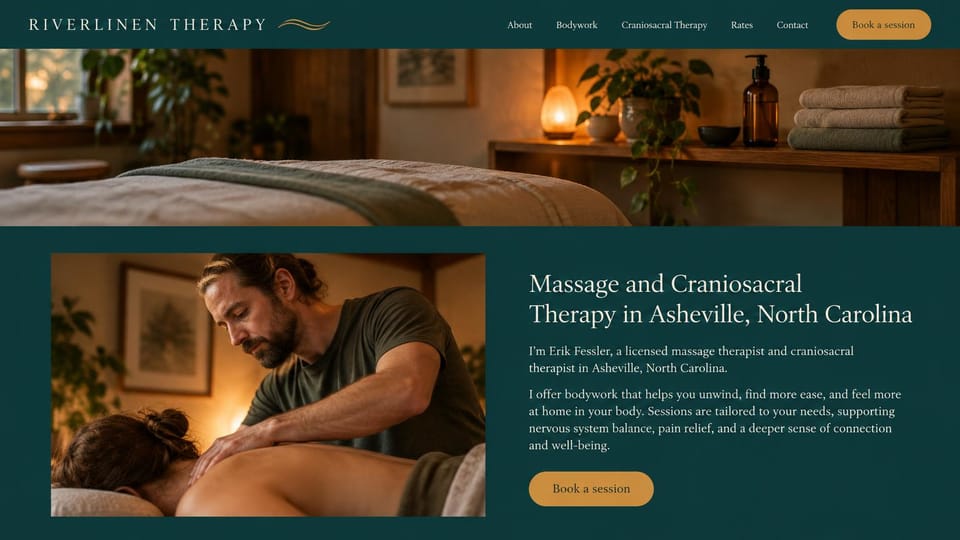 Massage therapist website design, craniosacral and massage in the therapist's own voice: deep teal page, a wide treatment room photo above a therapist massaging a client's back, with a gold book button