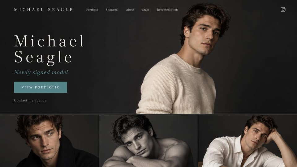 Model portfolio website design, newly signed male model with an agency link: near-black page, a widely spaced cream serif name, teal italic type, a muted teal portfolio button, a dark-haired young man in a cream sweater and three photos below