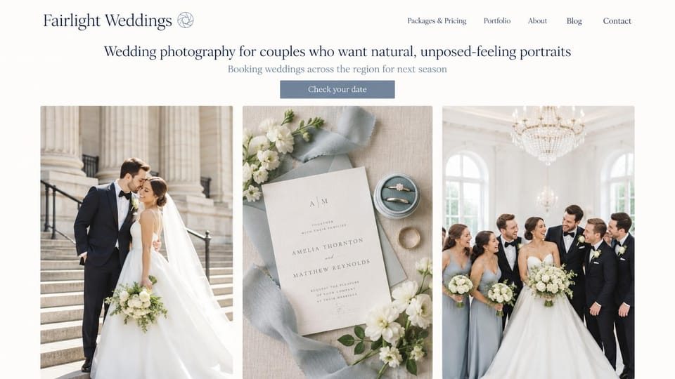 Photography website design, wedding with a three-photo spread: warm white page, a centered serif headline and blue-gray button above three wedding photos