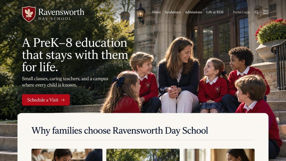 School website design, preK-8 school on the front steps: a teacher with uniformed children in red sweaters on stone steps, a white serif headline and a cream panel below