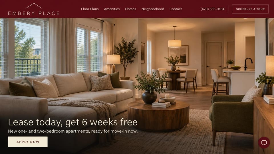 Real estate website design, apartment community with a leasing offer: burgundy header over a warm apartment living room, a white headline and a cream apply button
