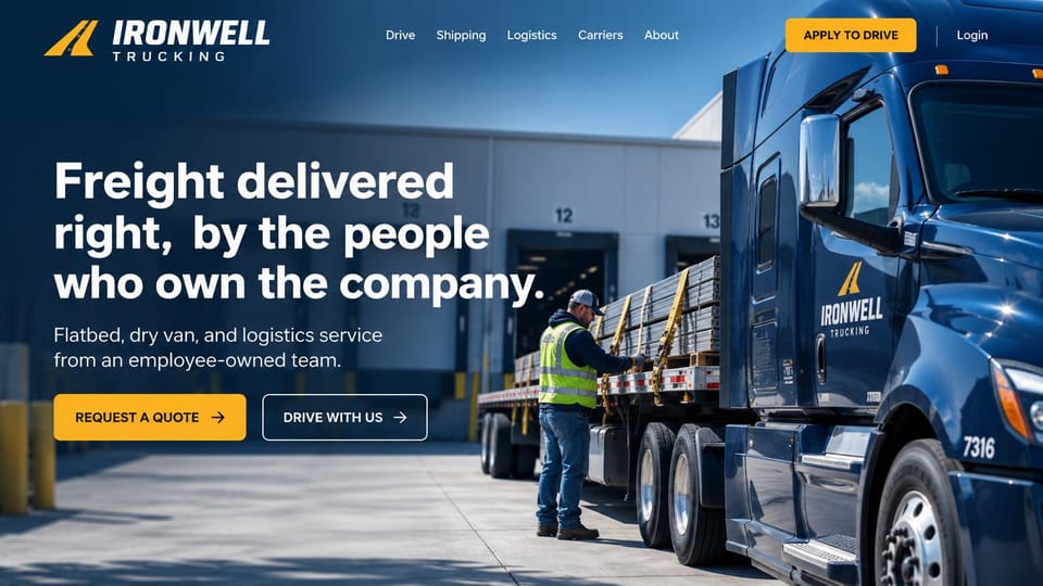 Logistics website design, employee-owned carrier with a flatbed at the dock: navy-toned photo of a driver strapping a flatbed load beside a navy semi at a dock, white headline, yellow quote and apply buttons