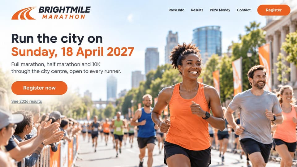 Event website design, city marathon with every distance up top: light page, black and orange headline, orange register button, runners on a sunny city street lined with spectators