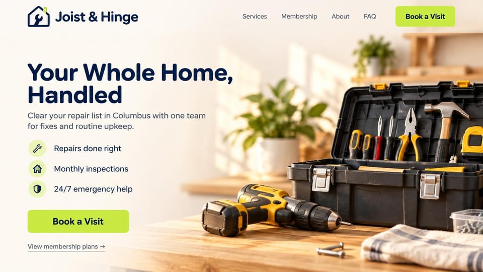 Handyman website design, home upkeep with membership plans: warm cream page, a navy headline, lime green buttons, a toolbox and drill on a wooden table in soft sunlight