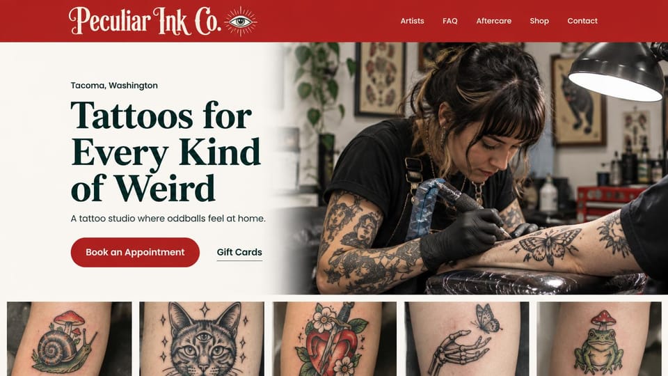 Tattoo website design, colorful traditional studio with a strip of healed work: red header, cream page, a dark serif headline, a tattooer inking an arm under a lamp, a strip of five colorful healed tattoos