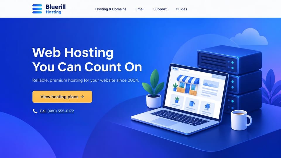 Web hosting website design, trusted hosting with a 3D laptop and servers: bright blue gradient page, white headline, a yellow plans button, an underlined call link, a 3D illustration of a laptop showing a shop page beside a server stack, a plant and a coffee mug
